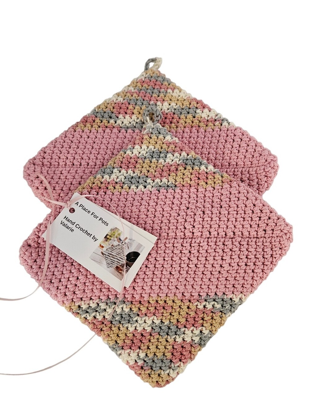 Crochet Potholder Set: Antique Pink With Rosy Cheeks Contrast Stripe